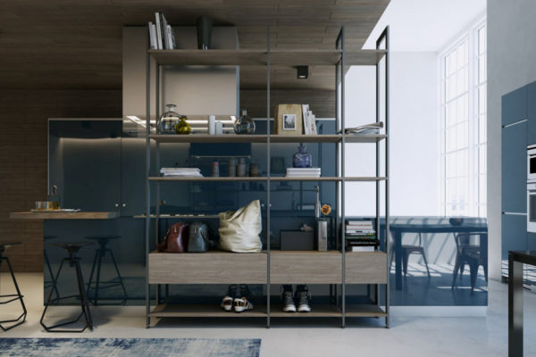 Moderner Raumteiler zwischen Küche und Wohnbereich