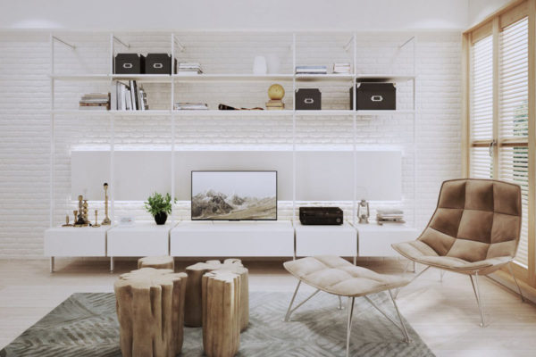 Stylischer weißer Wohnzimmerschrank in hellem modernem Wohnzimmer